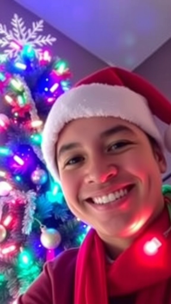 A person in a Santa hat with Christmas lights and a tree in the background.